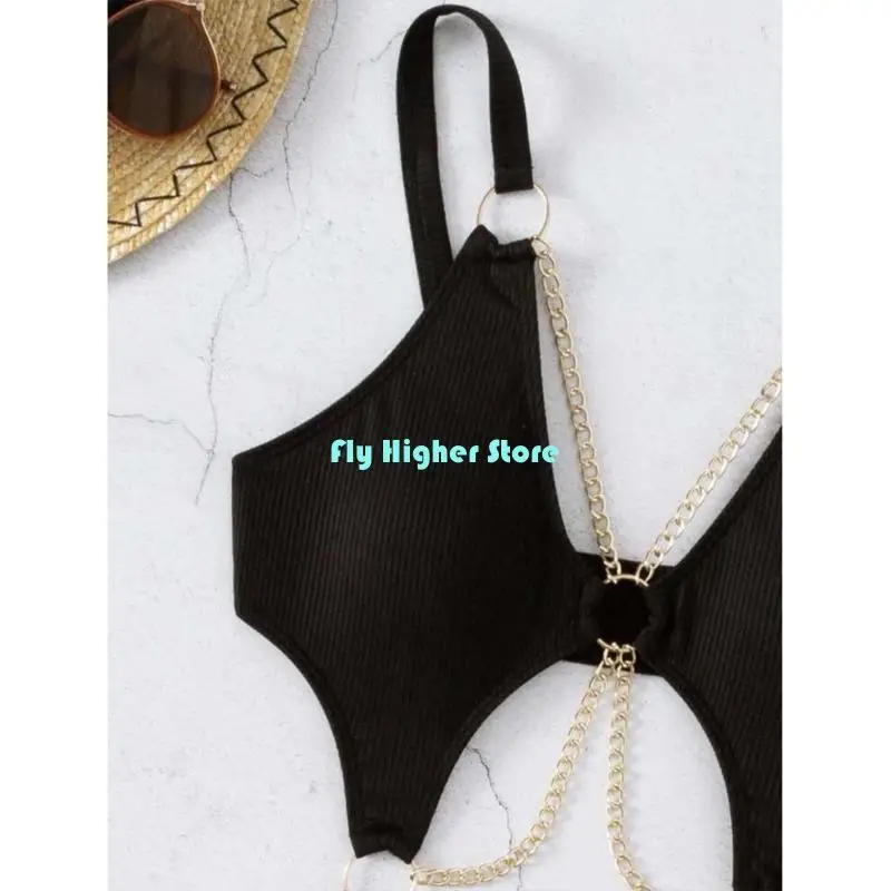 Ladies Cutout Swimsuit Women High Cut Bathing Suit Female Ring Linked-Swimwear