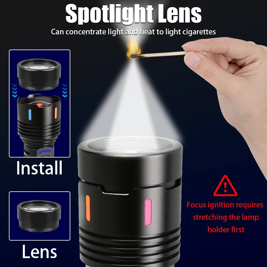 High Lumen Tactical Flashlight,Zoomable Spotlight,5 Lighting Modes,Type-C Rechargeable,Power Bank,Alloy,Outdoor Camping Fishing