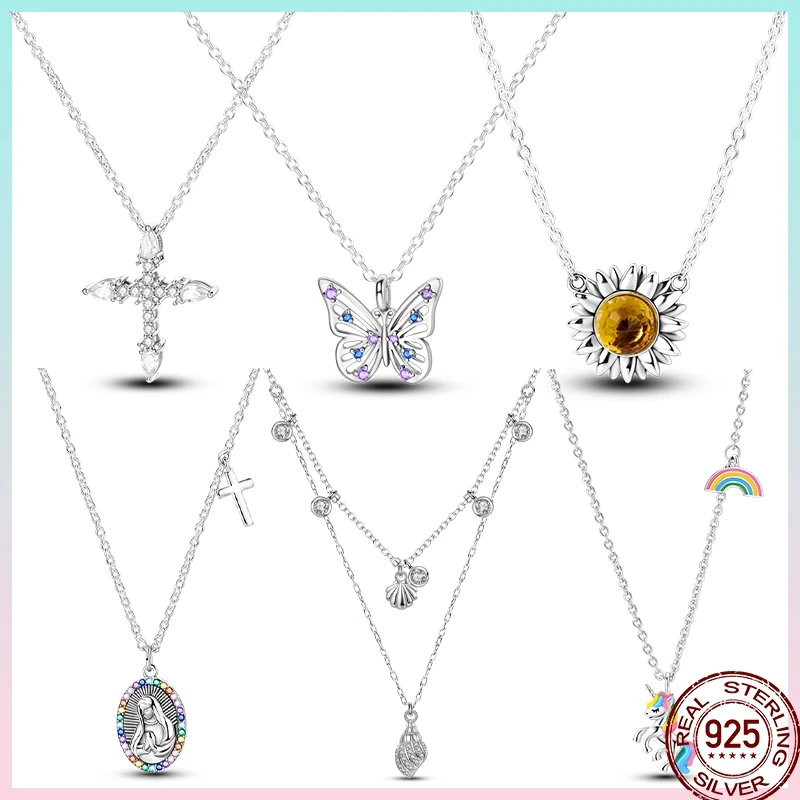 

New 925 Sterling Silver Round Pendant Necklace Chain Butterfly Lucky Symbol Cross Zircon Necklace Women Engagement Wedding