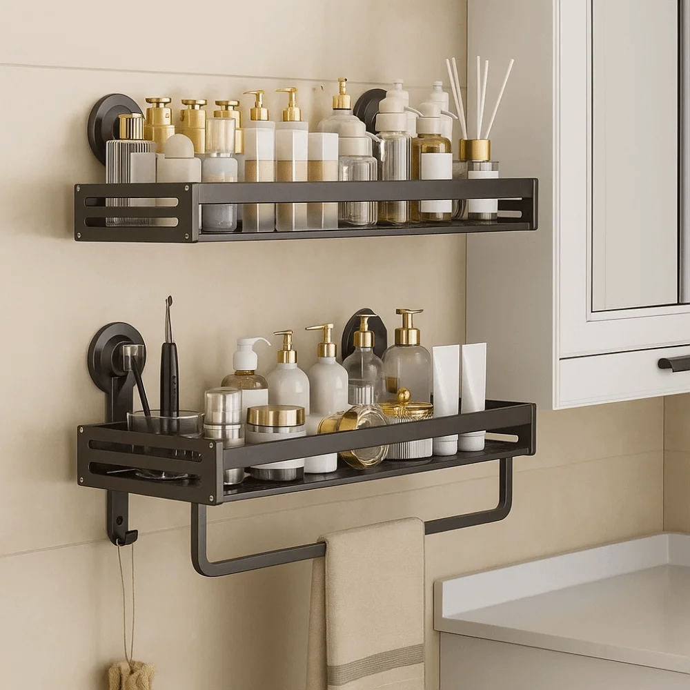 رف تخزين كوب شفط من الألومنيوم للمساحة، رف شامبو مثبت على الحائط، منظم أدوات الزينة قابل للفصل