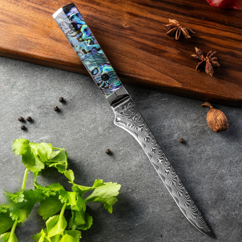 5 Inch Boning Knife 73-Layers Damascus AUS-10 Steel Blade Sharp Chef Cleaver BBQ Kitchen Knives Hexagonal Abalone Shell Handle