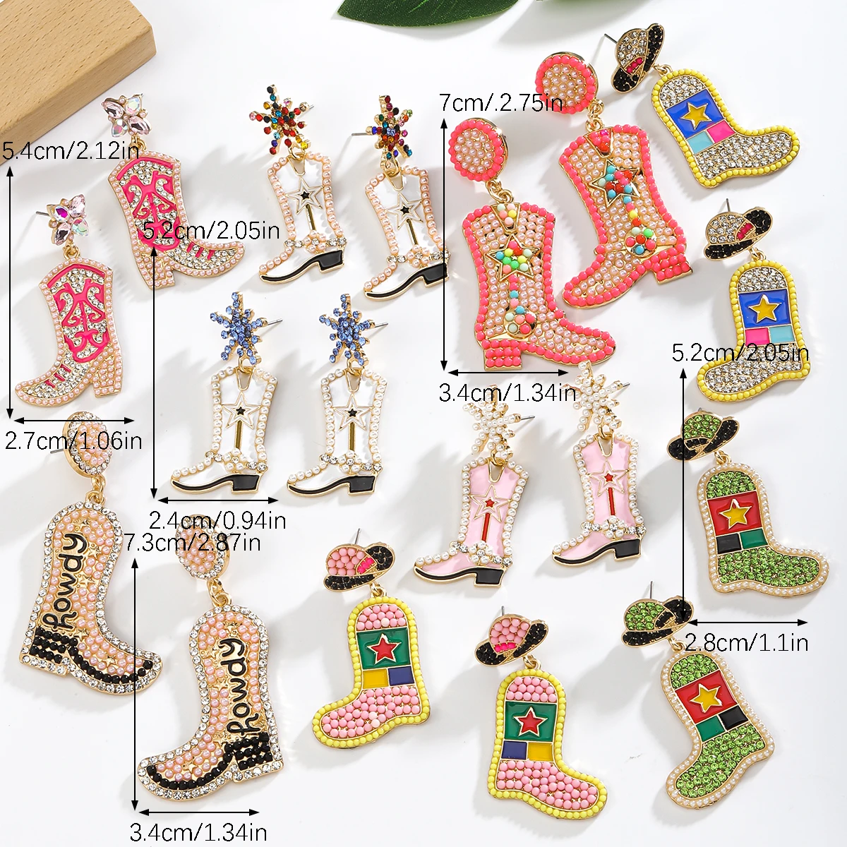 Vedawas Bohemian Rhinestone Beaded Boots Cowboy Hat earrings,Western Style Holiday Party Women Accessories