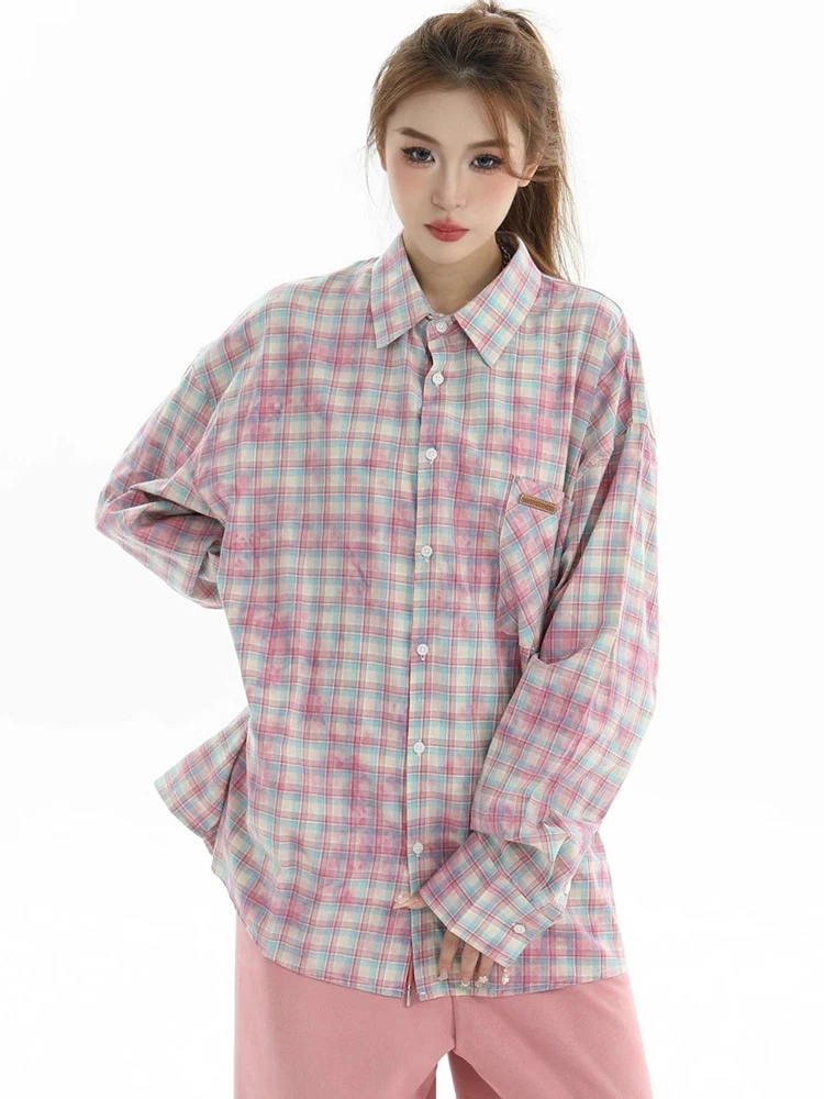 

Jmprs Y2K Tie Dye Plaid Shirt Women Loose Oversize Streetwear Long Sleeve Blouse Vintage Harajuku Hip Hop Bf American Bf Tops