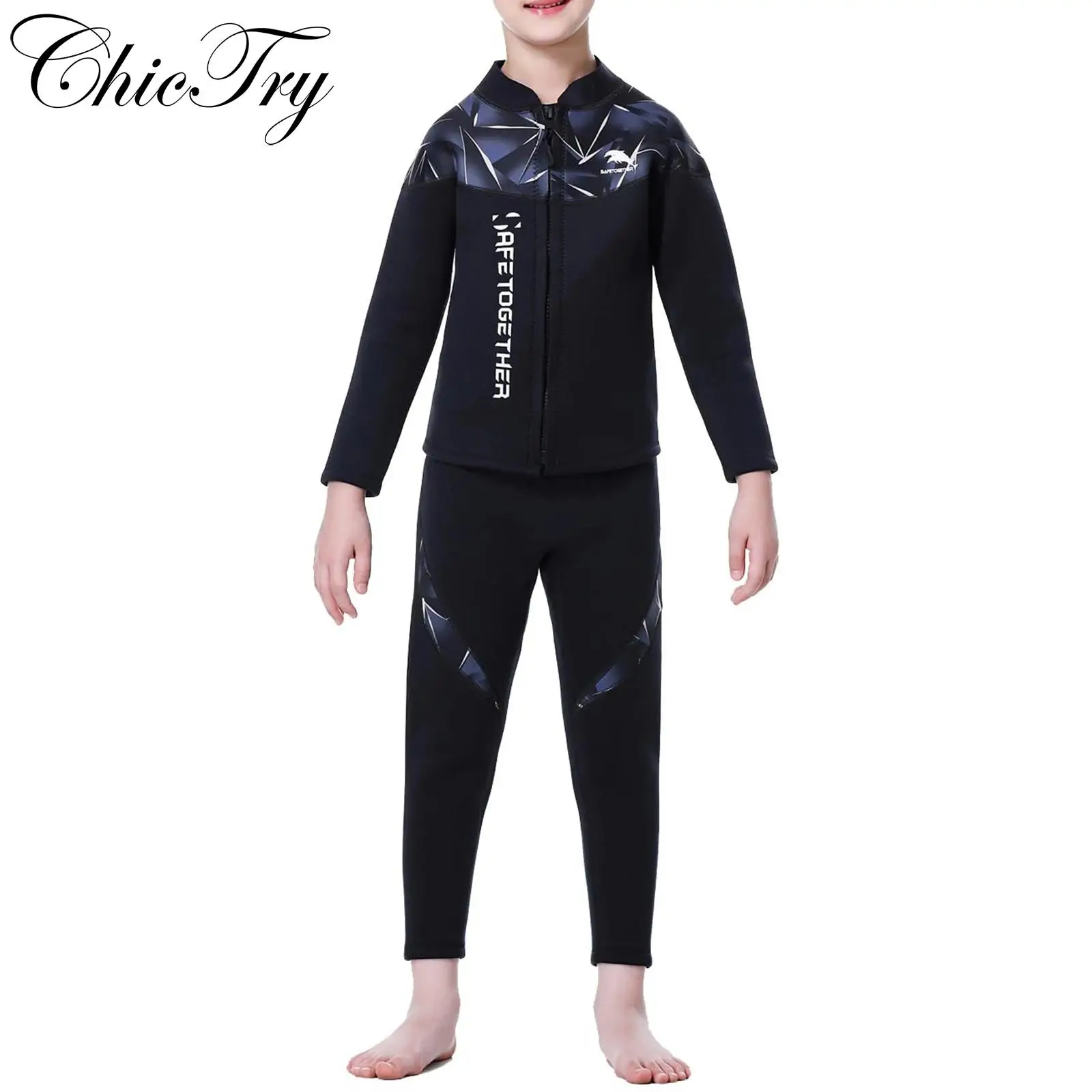 

Kids Boys Girls Swim Sets 2.5mm Neoprene Swimsuit Wetsuit Thermal Protection Outfits Diving Suit Long Sleeve Jacket with Pants