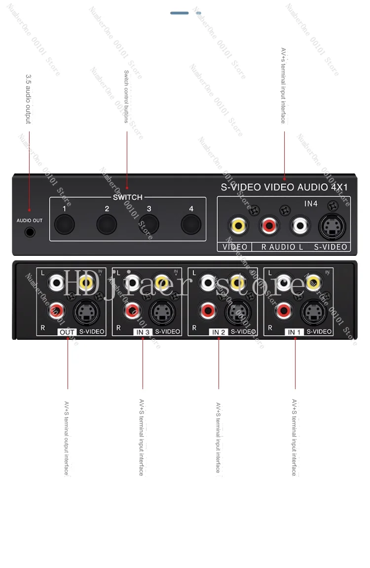 4x1 S-Video + AV Switcher 4 In 1 Out Video 720P Switcher مع 3.5mm إخراج الصوت حافظة معدنية VSSW41