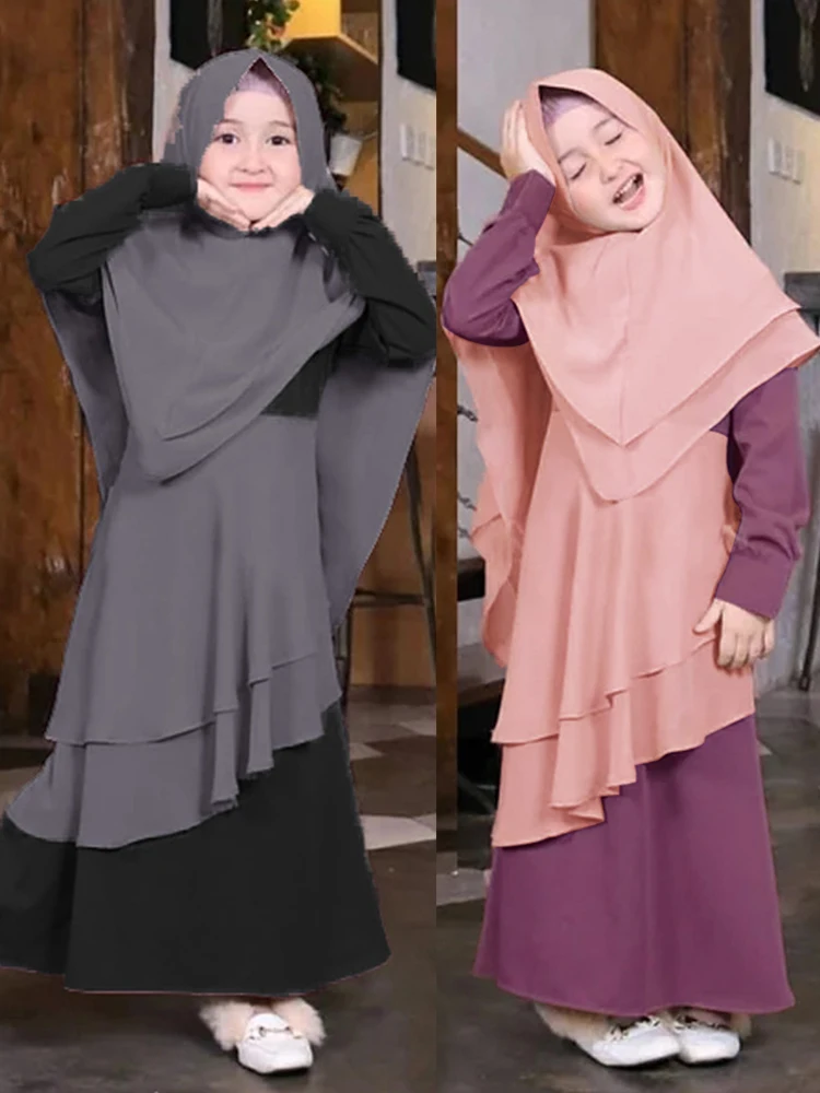 2Pcs Muslim Ramadan Prayer Dress Abaya Sets Children Girls Eid Khimar Hijab Arab Kids Long Robe Headscarf Kaftan Gown jilbab
