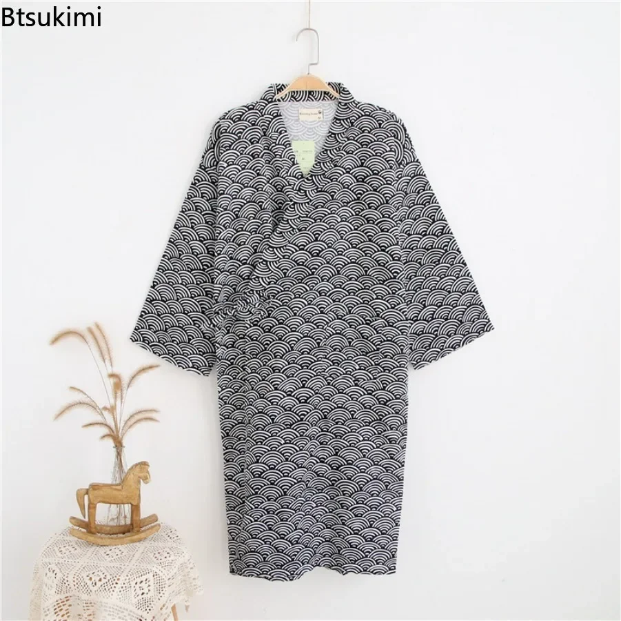 2024 Men's Casual 100% Cotton Double Gauze Couple Bathrobe Dress Thin Nightgown Mens Robes Sleepwear Dressing Gown Kimono Robe