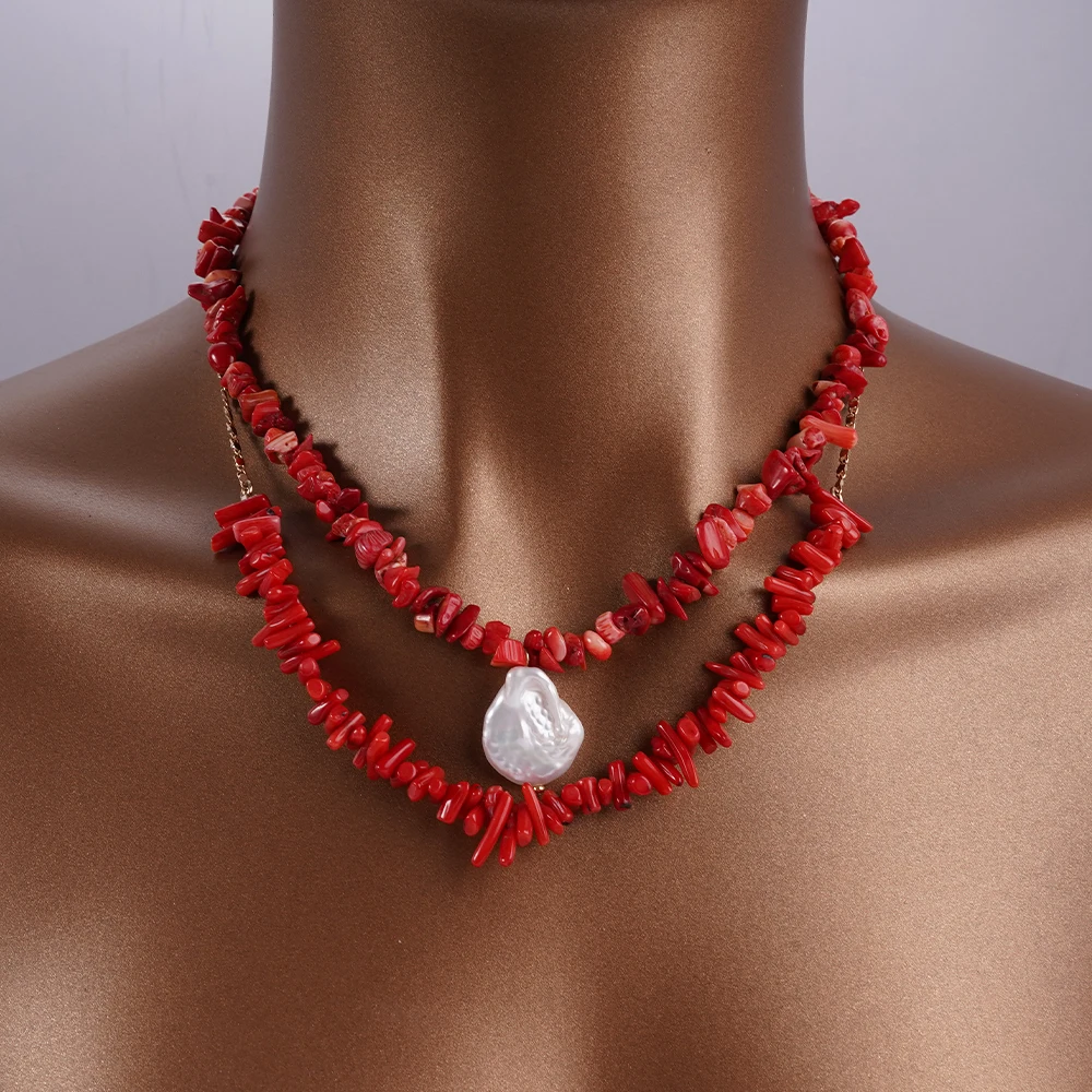 

Fashionable Minimalist Pearl Pendant Necklace Paired With Irregularly Shaped Natural Stone Charm Bohemian Double-layer Design