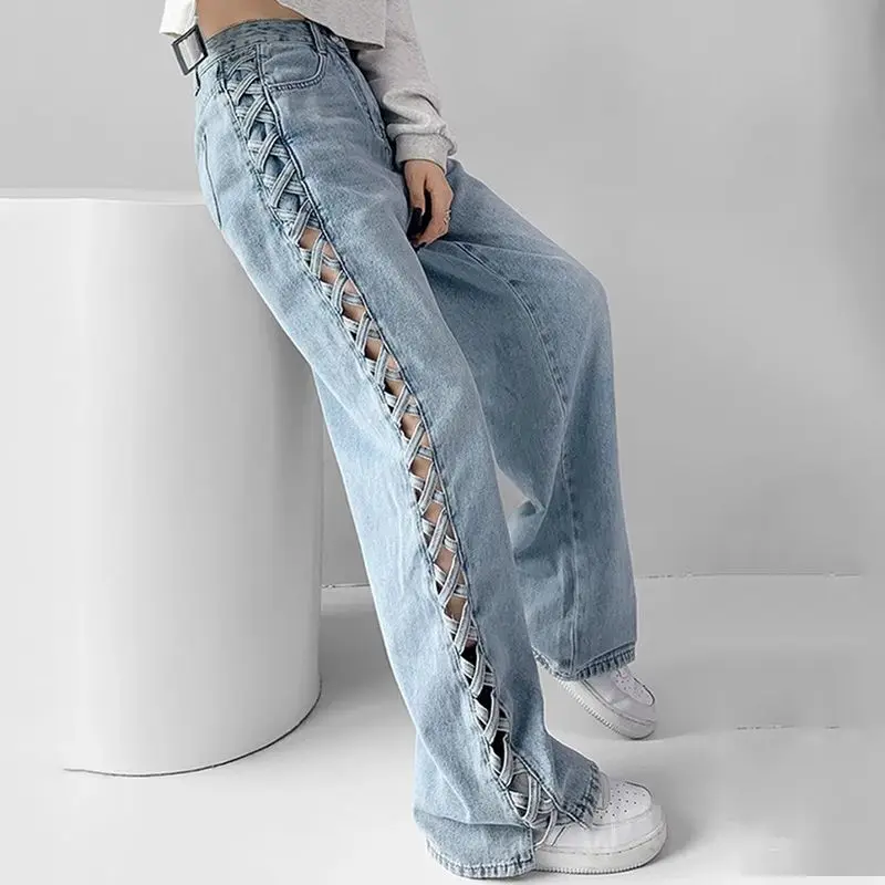 Summer Fashion Design Jeans Streetwear Women's Pants with Hollowed Out Holes on The Sides Jeans Fashionable Slim Fit High Waist