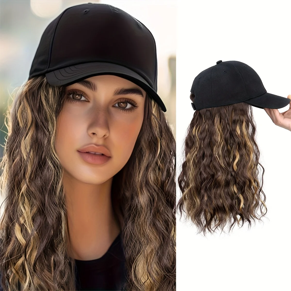 

Baseball cap wig made of synthetic fiber with curly hair extensions, suitable for women with medium to long curly hair