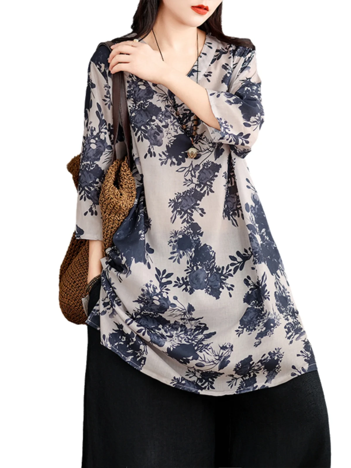 Jersey Retro holgado de algodón y lino para mujer, jersey fino con escote en V, Top informal de longitud media con estampado europeo