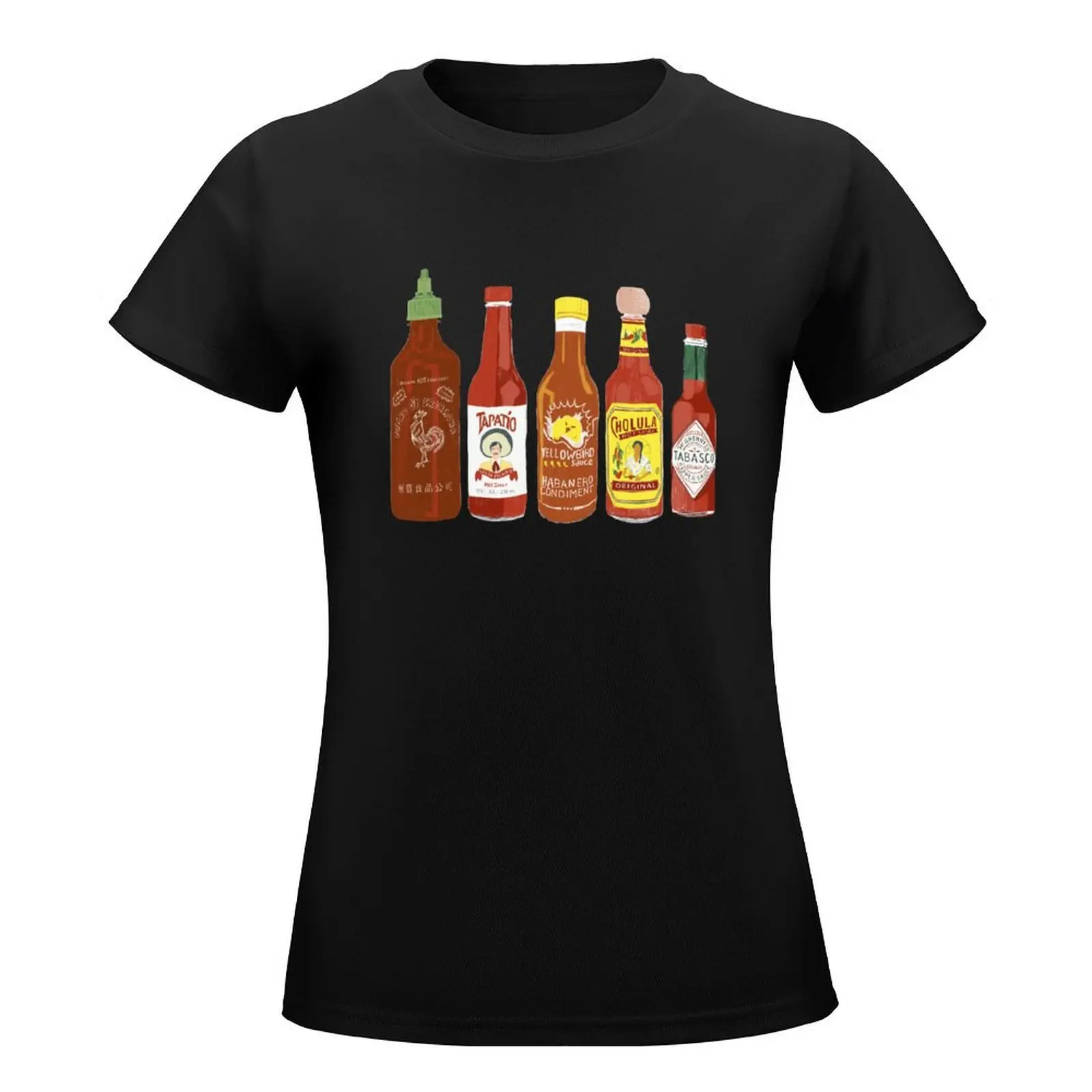 Spicy! Check out these hot sauces on black background T-Shirt shirts graphic tees tees cropped t shirts for Women