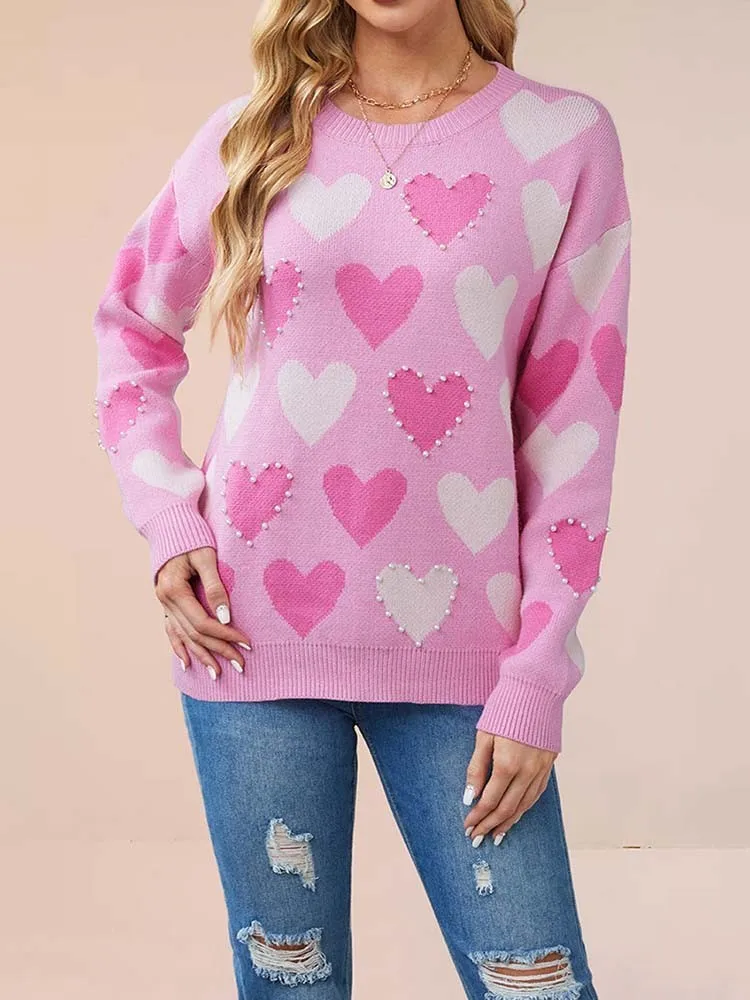 Neuer Herbst-Lässiger Damenpullover mit Herzmuster, elegante Damenpullover, Luxuspullover, Vintage-Kleidung, Häkeloberteile