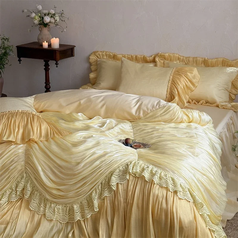 1000TC Egyptian Cotton Vintage French Palace Style Pleated Lace Ruffles Bedding Set Duvet Cover Bed Skirt Pillowcases 4Pcs