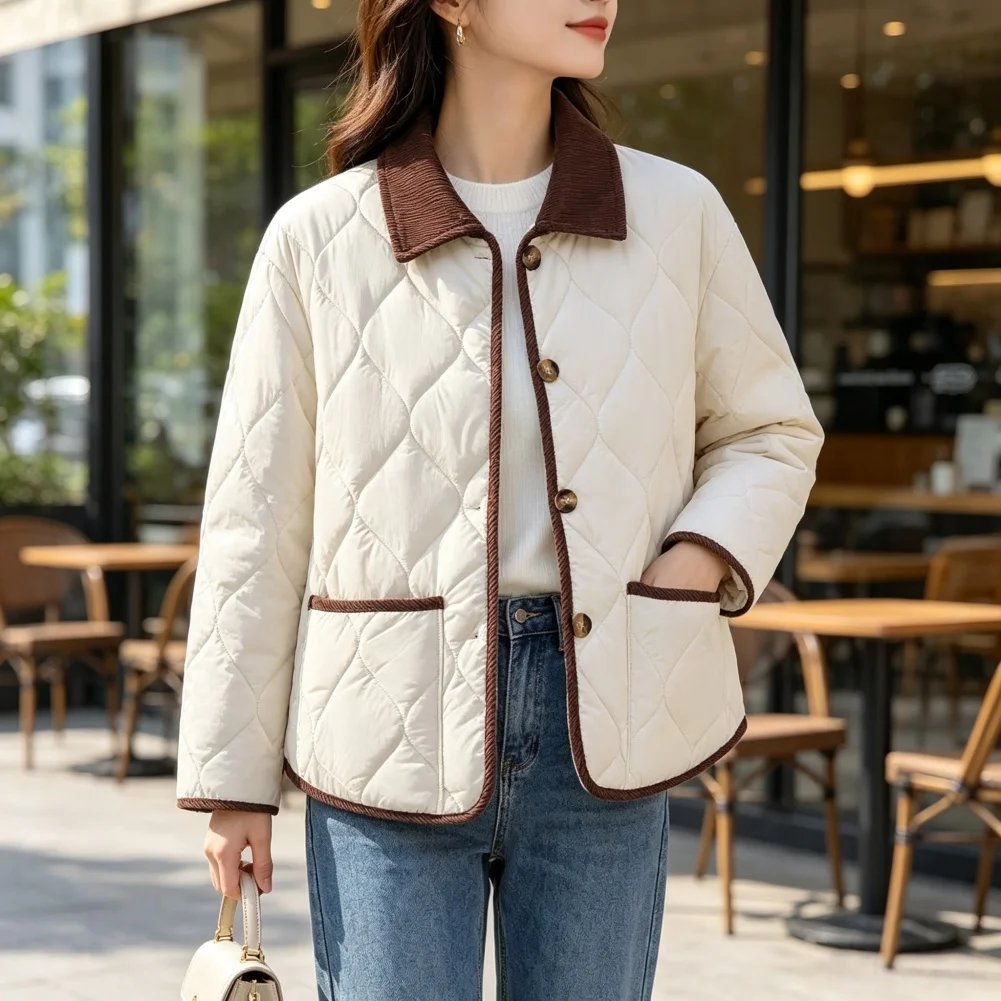 Womens Casual Corduroy Jacket Solid Color Wavy Quilted Design Medium Elasticity Lapel Contrast Trim for Beach Outings