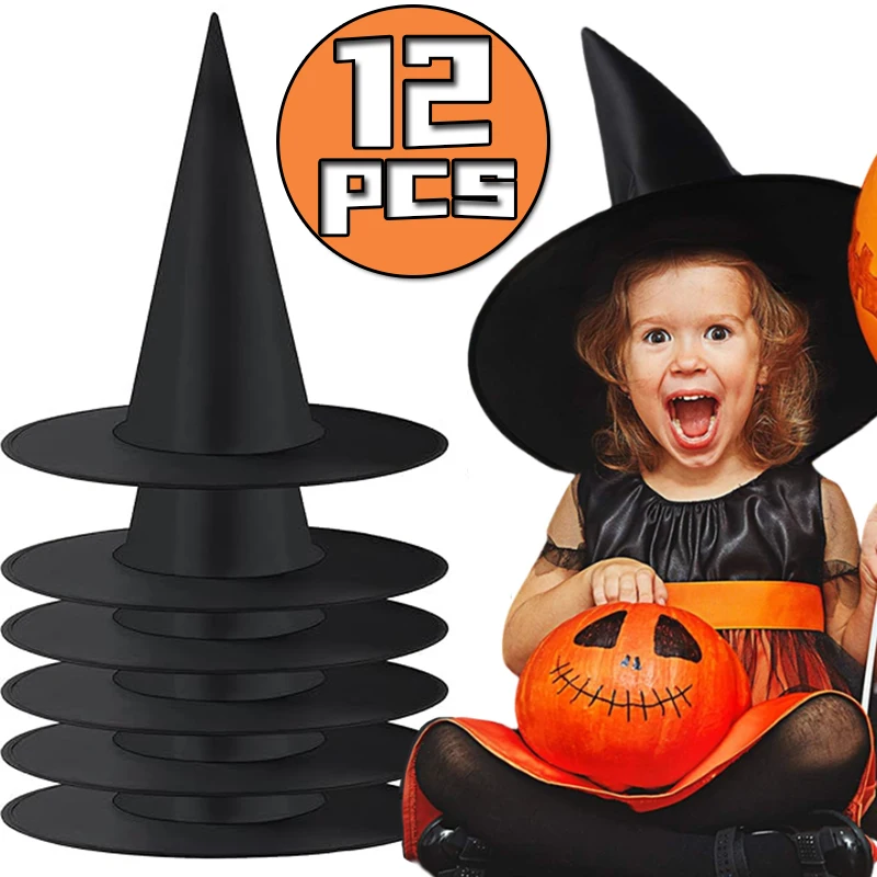 1-12pcs Halloween Witch Hat Kids Adults Halloween Party Cosplay Costume Props Decoration Black Wizard Cap Yard Hanging Witch Hat