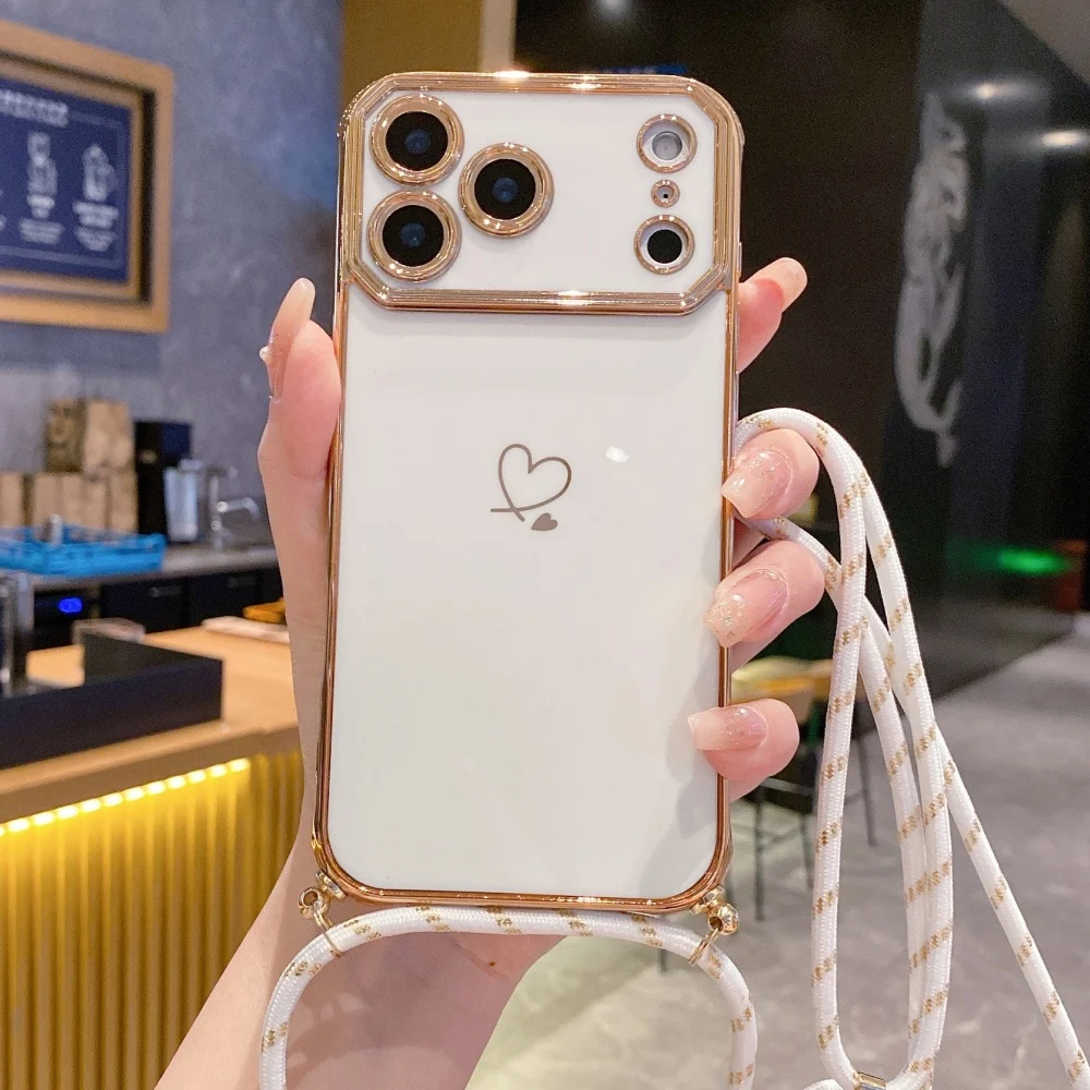 Crossbody-Halsband-Schultergurt-Hülle für iPhone 18 17 Pro Max 16 13 15 14 Plus, vergoldetes Herz, weiche Silikonhülle – Detail 11