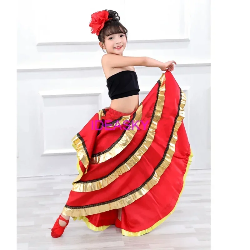 Trajes de dança espanhola para crianças, vestido vermelho longo estilo flamenco, saia de salão para meninas, roupas de criança