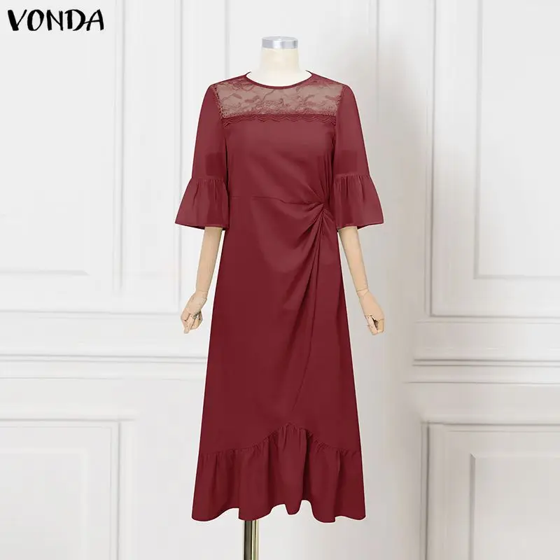 

Summer Autumn VONDA Women Plus Size Dresses Half Sleeve Lace Patchwork See-through Sleeve Streetwear Vestidos OL Party Dress