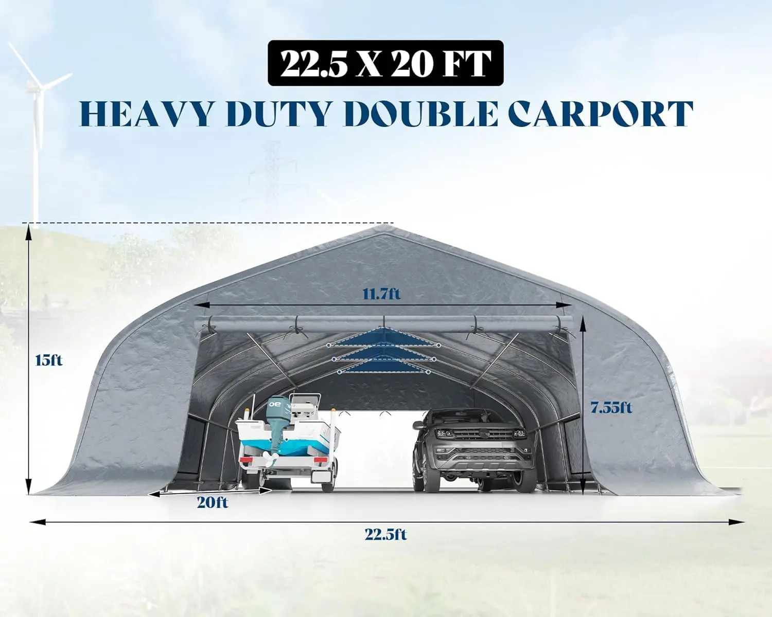 Waterproof Cover, Roll-Up Doors, UV Protection, Wind Resistant Shelter, Portable 2 Car Garage, Outdoor Vehicle Storage