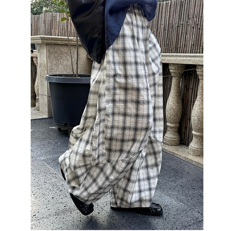 New 2025 Summer Women Plaid Print Pleats Design Ankle-length Pants Casual Loose Good Quality Elastic Waist Wide Leg Pants T163