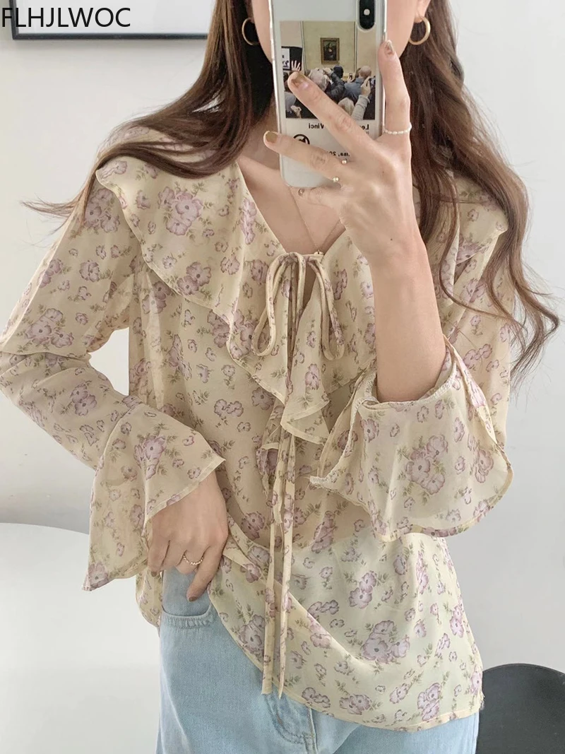 2022 Summer Vintage Retro Shirts Flare Sleeve Cute Sweet Women Korea Japan Style Girls Ruffled Chic Pink Tops Blusas