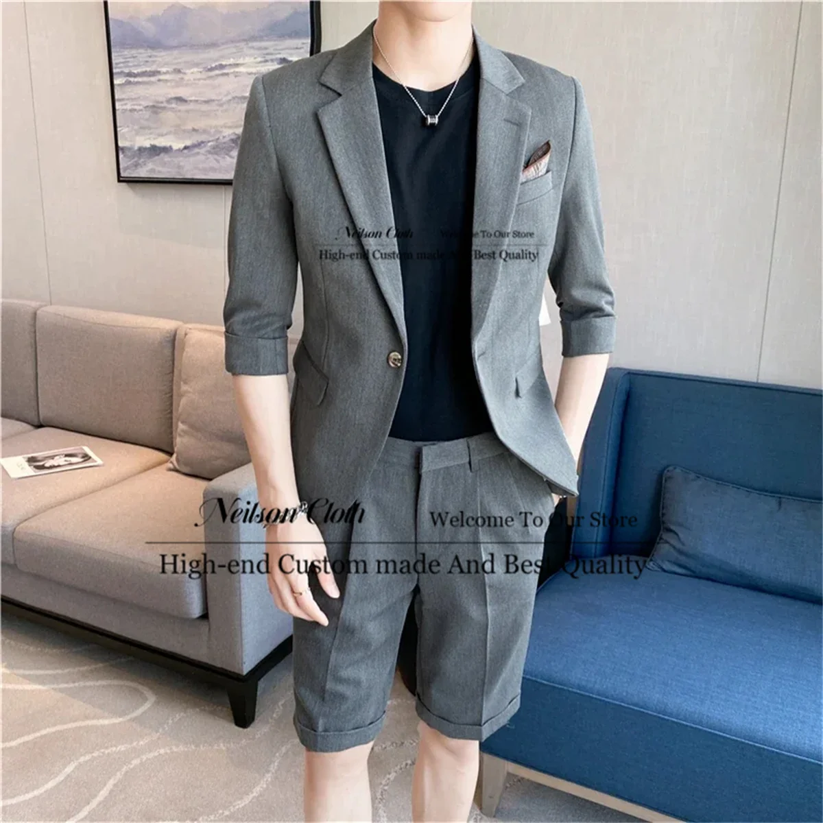 

Fashion Gray Men Suits Notched Lapel Summer Male Prom Blazers 2 Pcs Sets Groom Wedding Tuxedos Slim Fit Business Costume Homme