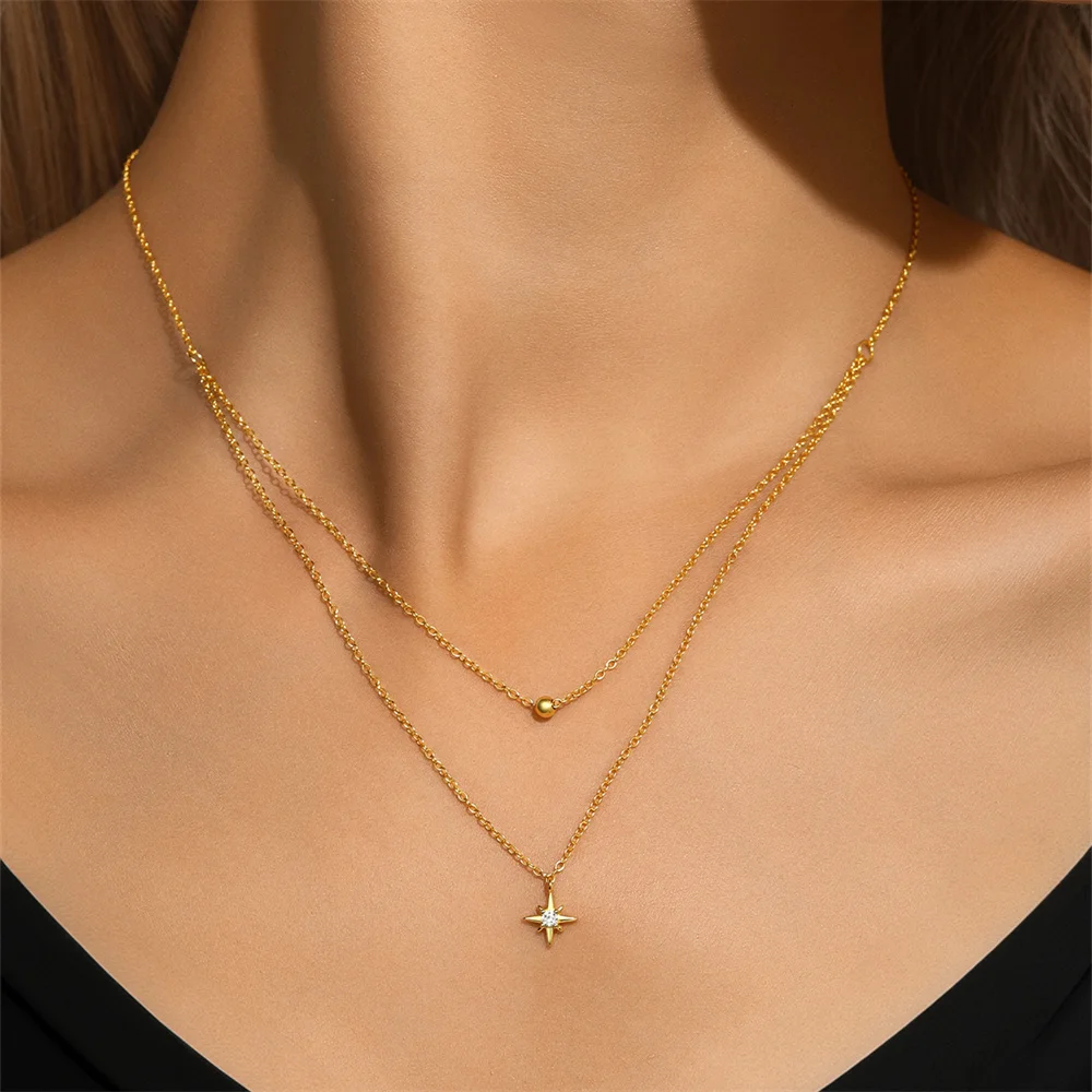 CANNER Octagonal Star Zircon 925 Sterling Silver Double Layered Clavicle Chain For Women Ins Minimalism Necklaces Fine Jewelry