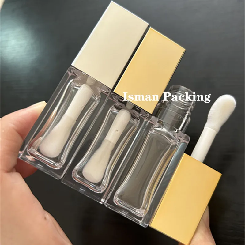 

50Pcs Luxury empty square cosmetic big brush wand gold cap lip gloss container tubes makeup packaging 8ml