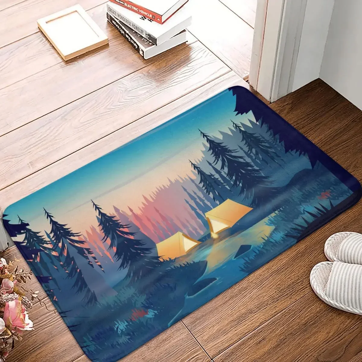 Non-slip Rug Doormat Kitchen Mat Camping Nature Sunrise River Night Sky Scenery Floor Carpet Bedroom Decor