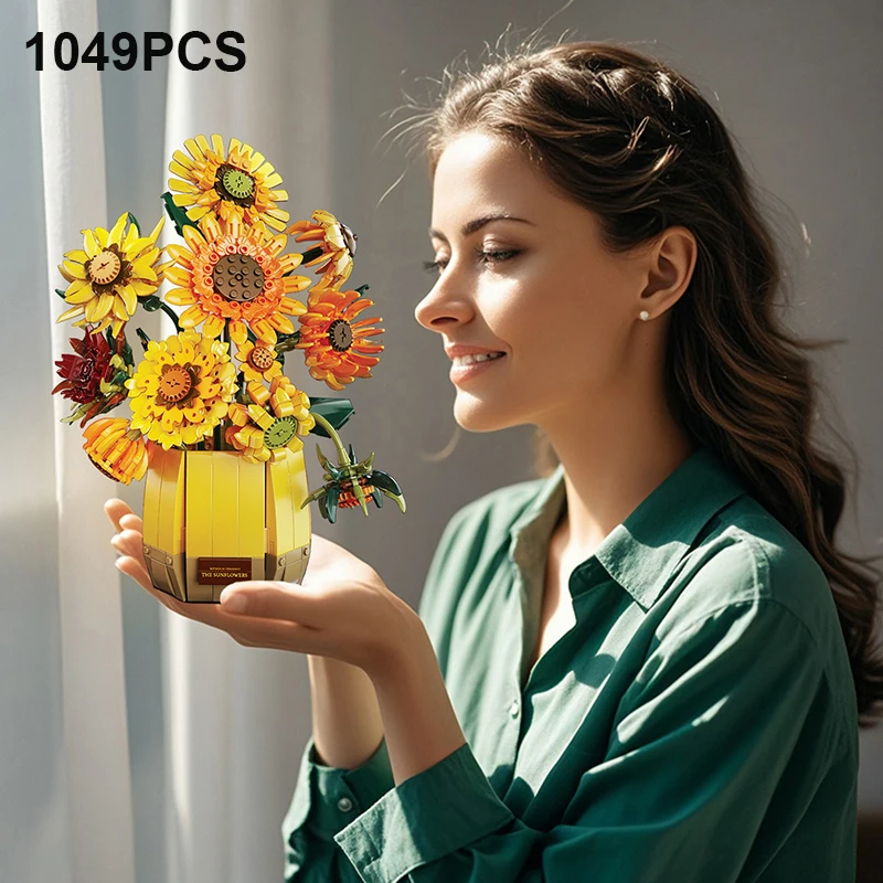 1088 pçs buquê girassol planta blocos de construção conjunto, diy bonsai pote flores modelo kits para crianças adolescentes & adultos, idéia presentes meninas