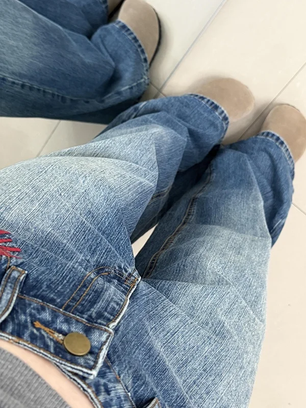 Retro American Embroidered Knife  Jeans Women's Autumn Winter Loose Straight Leg Wide Leg Floor Length Scythe Pants