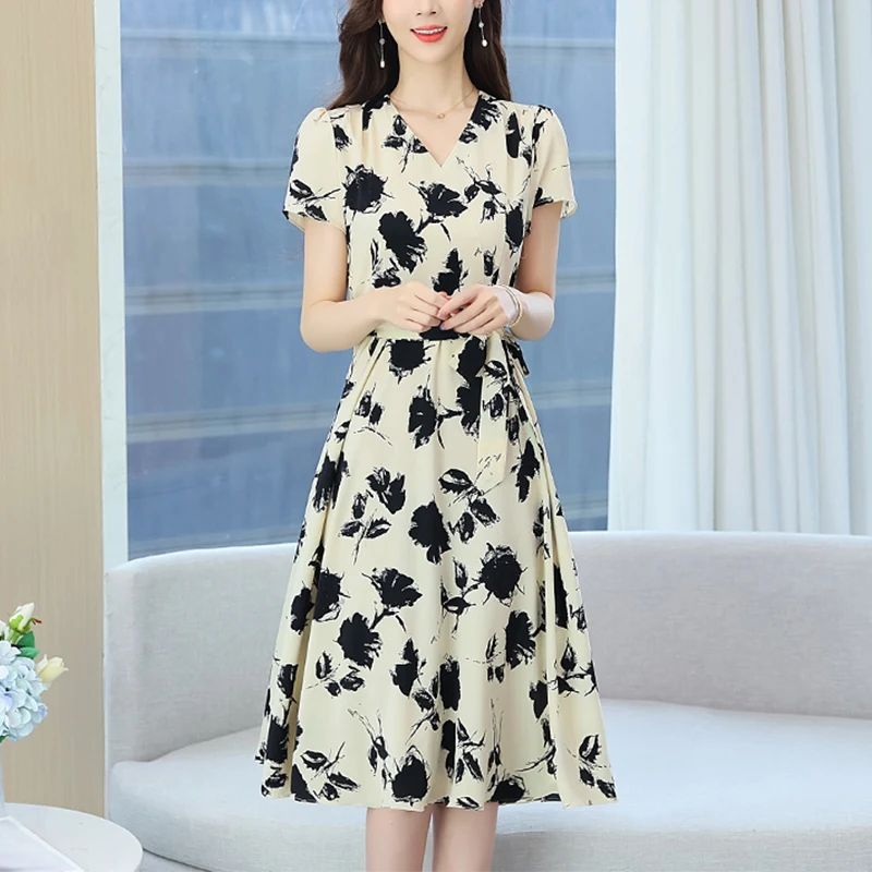 Summer V-neck Vintage Printing Lace Up Robe Femme Short Sleeve Elegant Fashion Midi Dress Women Temperament Vestidos De Fiesta