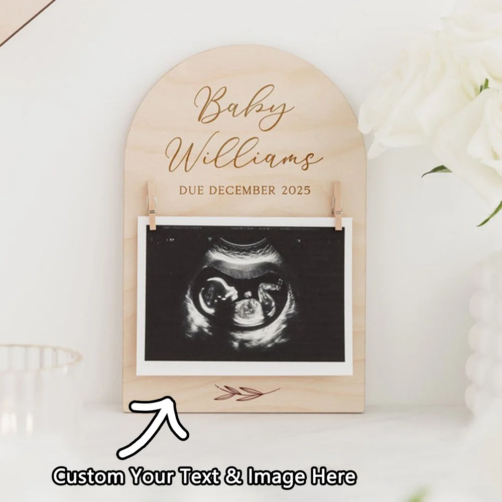 Personalised Pregnancy Announcement Sign | Wooden Due Date Plaque l Engraved Baby Scan Frame | Social Media Photo Prop Disc