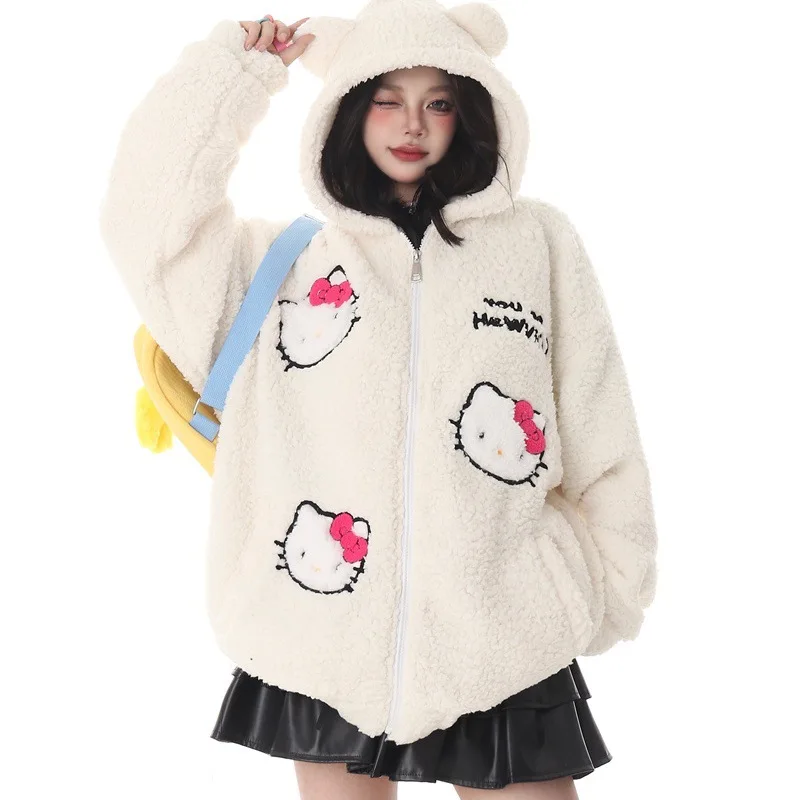 Sanrio Cartoon Hello Kitty Hooded Zipper Sweatshirt Lamb Wool Coat Girls Student Winter Loose Plush Thickened Warm Cotton Coats