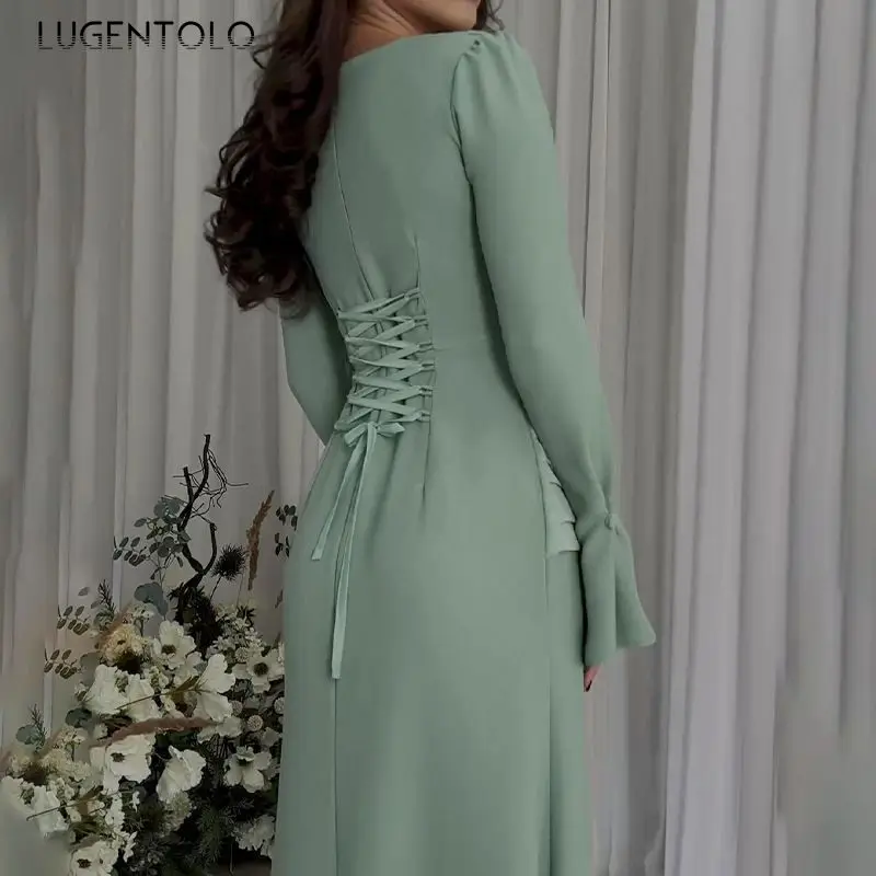 Women Elegant Dress Long Sleeve Slim Bandage Party V-neck Lady Temperament Banquet Casual Intellectual High Street Cloth