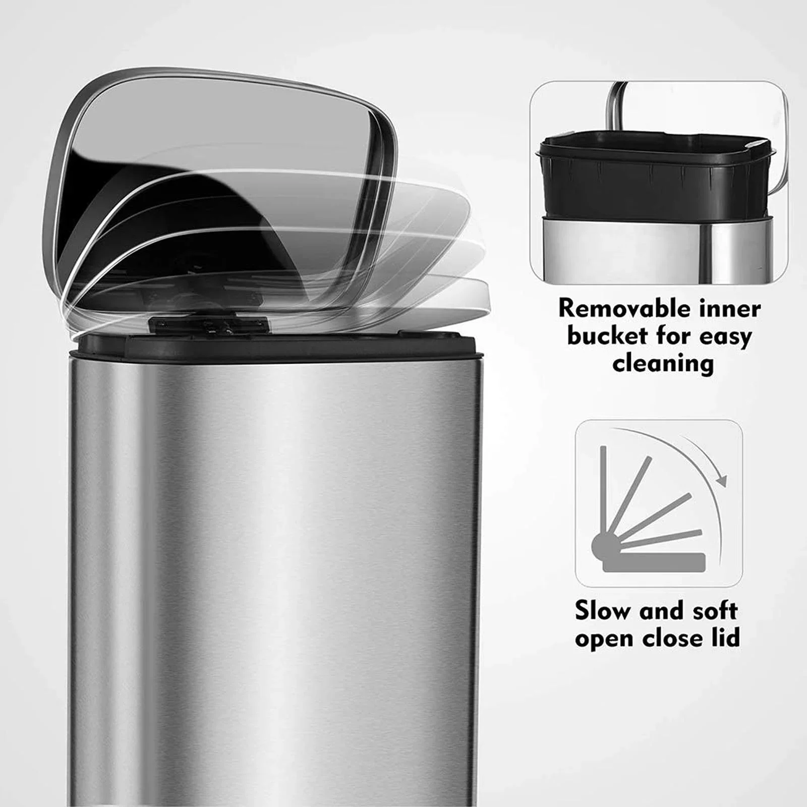

8-Gallon (7.93gal) Kitchen Bin, Stainless Steel Rubbish Bin, Pedal Bin with Removable Inner Bucket, Soft-Close, Trash Can with