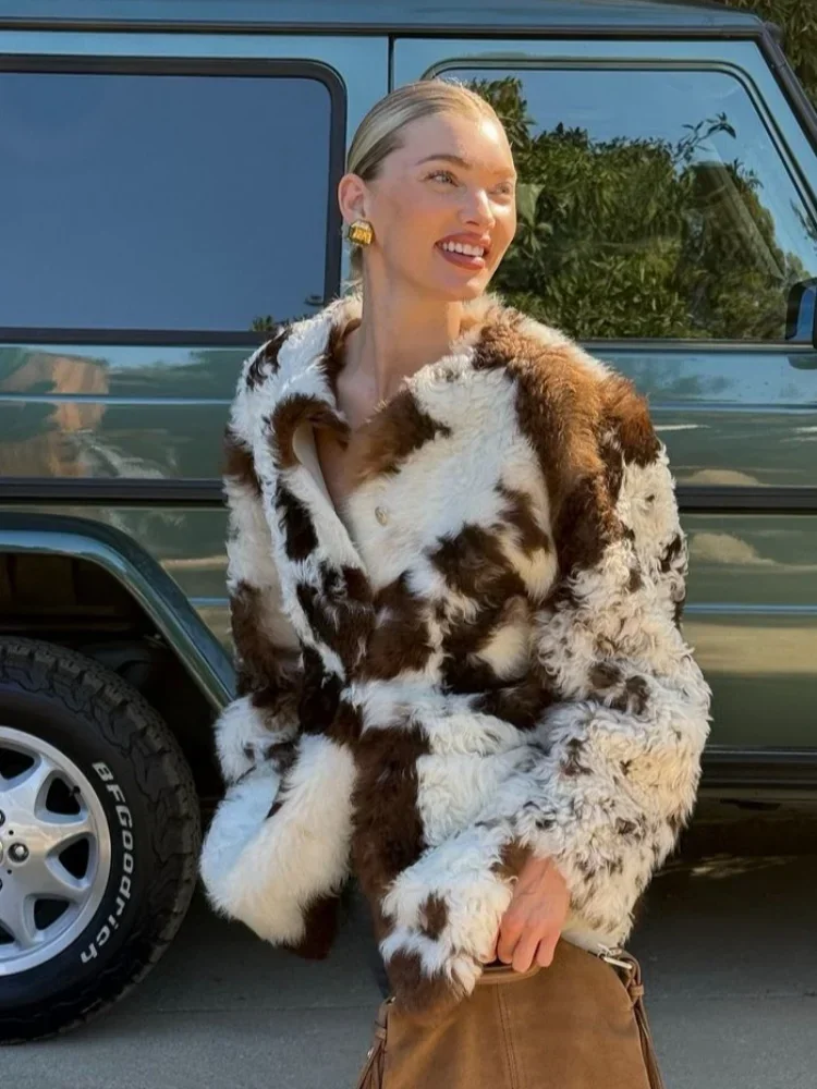سترات قصيرة من الفرو الصناعي بطبعة الفهد معطف نسائي فاخر بأكمام كاملة وصدر واحد أنيق للسيدات ملابس خارجية شتوية دافئة