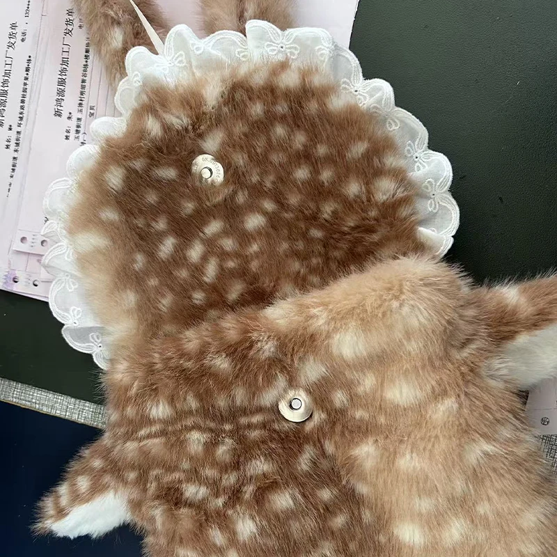 حقيبة كروس شتوية من القطيفة على شكل غزال للنساء، محفظة من الفرو الصناعي على الطراز الياباني الكوري اللطيف مع دانتيل، إكسسوار لوليتا JK #6