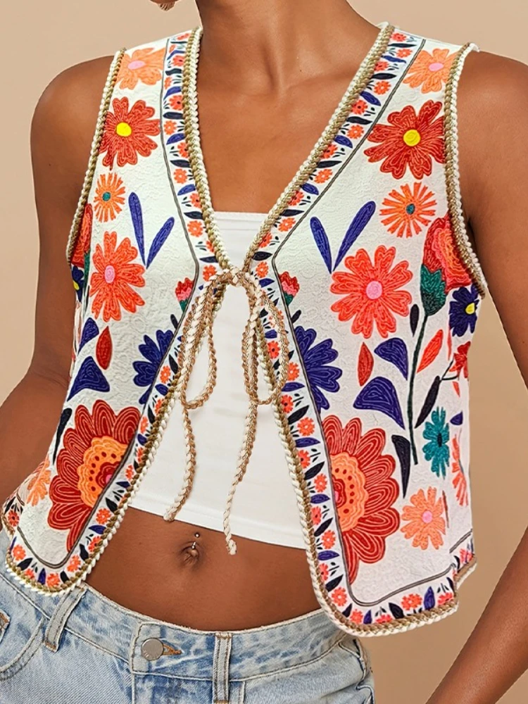 Damska kamizelka z nowym czeskim kwiatowym wzorem na lato 2025, letnia, codzienna koszulka bez rękawów, ażurowe kamizelki, szydełkowe plażowe płaszcze i topy na wakacje.
