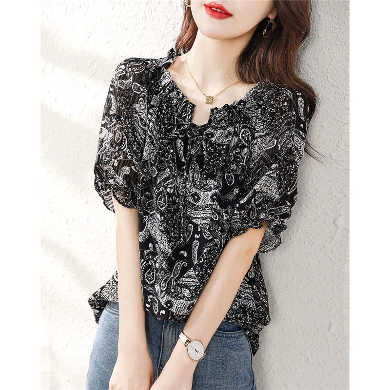 Women Silk Ruffle Lace Up Elegant Blouse Summer Korean Fashion V Neck Short Sleeve Shirt Y2K Sweet Chic Loose Tops Female Blusas