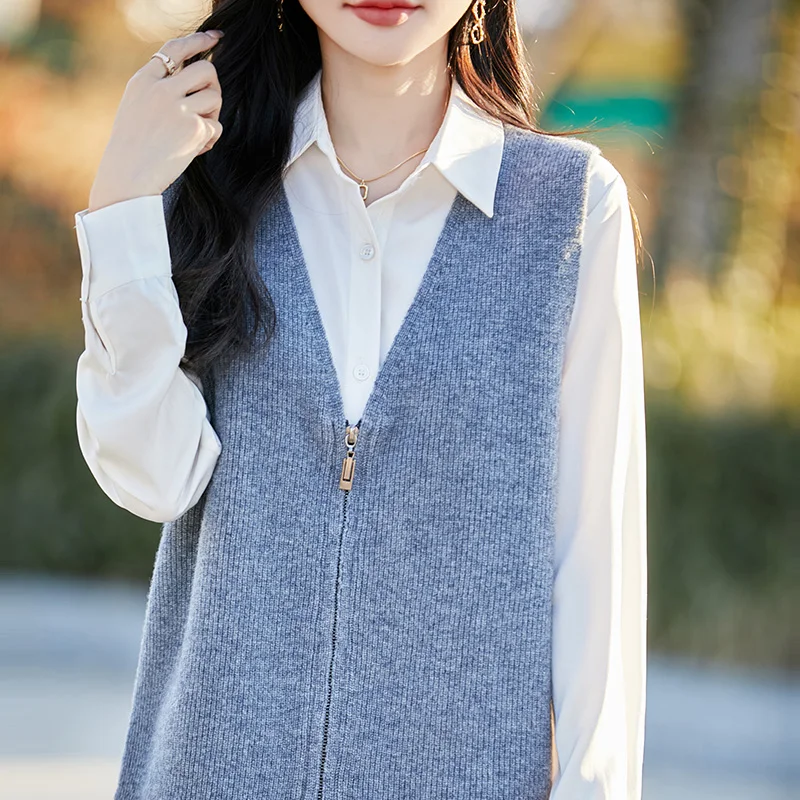 

Роскошный жилет из 100% мериносовой шерсти с v-образным вырезом, женский вязаный кардиган на молнии, пальто, свитер, весна-осень 2021, модная мягкая удобная куртка