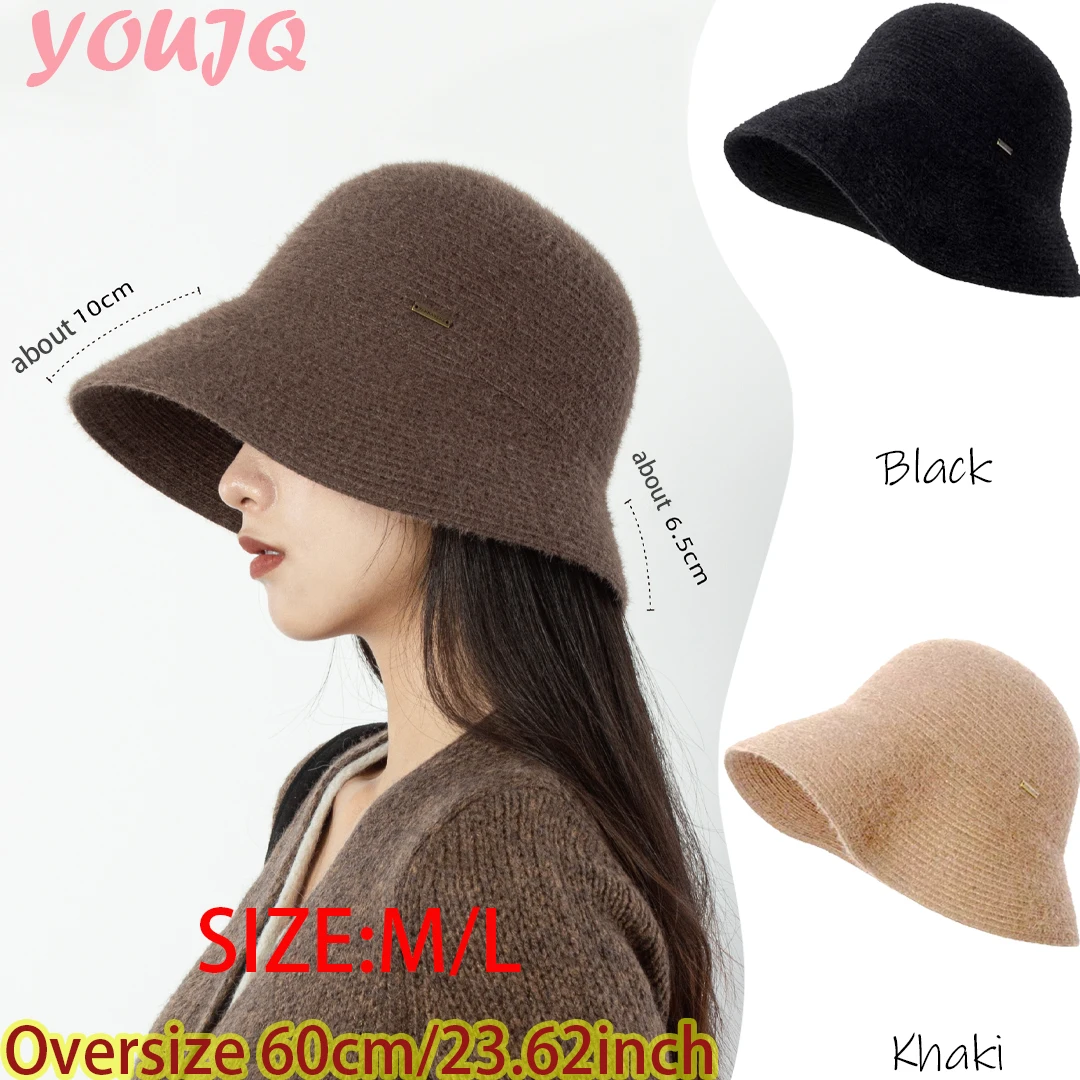 M/L Oversiz Fine Knitting Wool Bucket Hats for Women Front Long Back Short Basin Cap Autumn Winter Warm Leisure Fisherman Cap