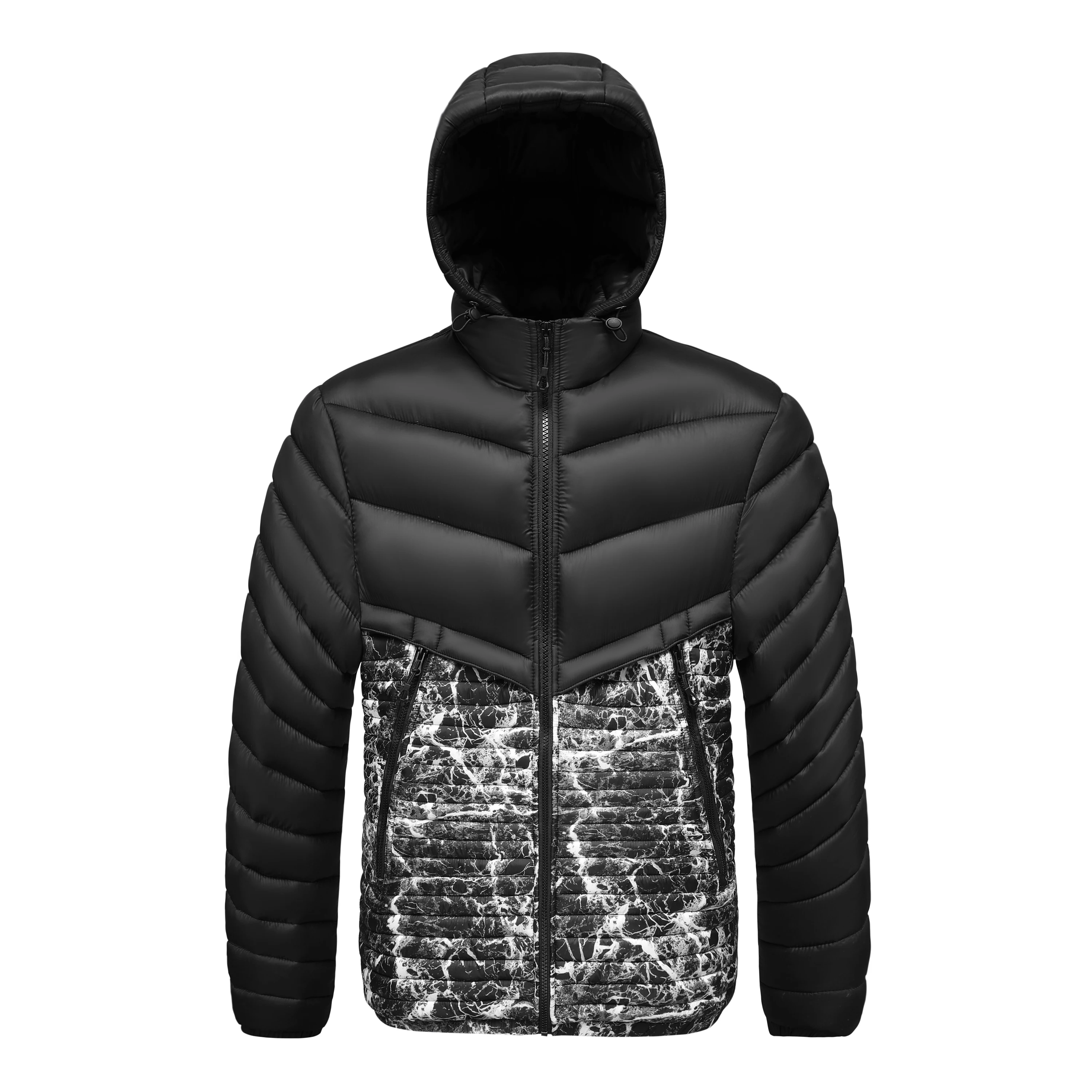 Men's Lightweight Hooded Puffer Jacket Marble Pattern Zipper Casual Outerwear Warm Slim Fit Autumn Winter Casual Men's Jacke