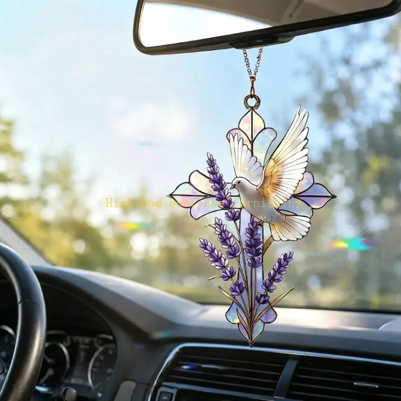 L9NB Clear Acrylic Sun Panel Window Piece with White Bird Plant Pattern, Cruciform Accent for Interior Arrangement