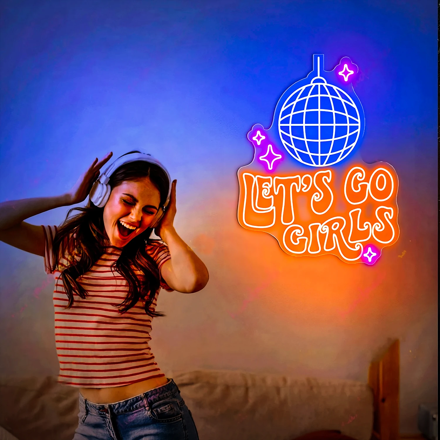 Let's Go Girls Neon Sign LED Disco Ball, Decoração do Quarto Rosa, Bachelorette Party Gift para Noiva