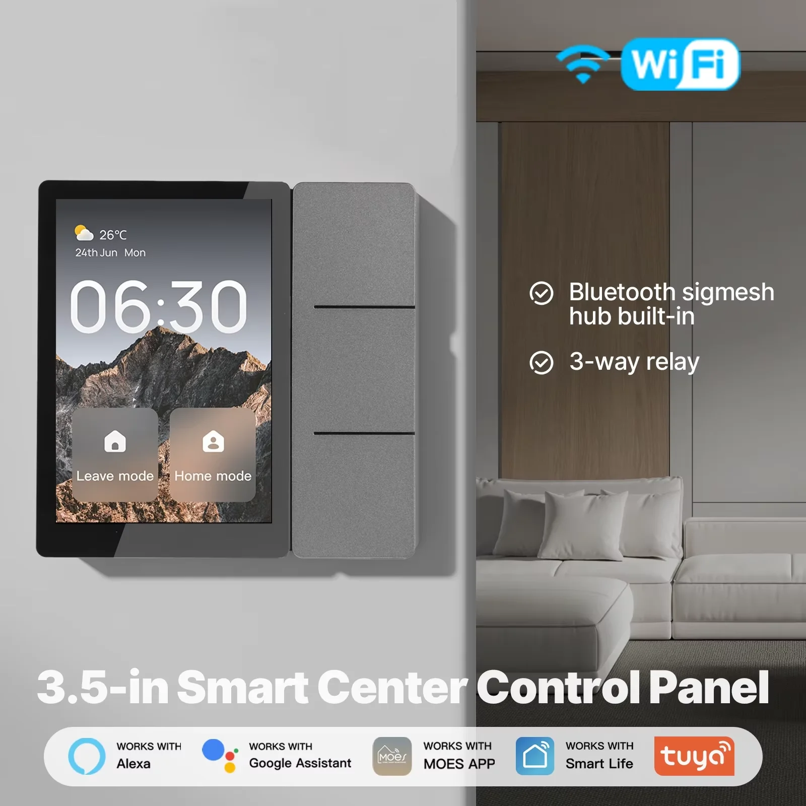 

Умная центральная панель управления Tuya WiFi с сенсорным экраном 3,5 дюйма, 3 физическими кнопками-реле, встроенным Bluetooth Sigmesh Hub