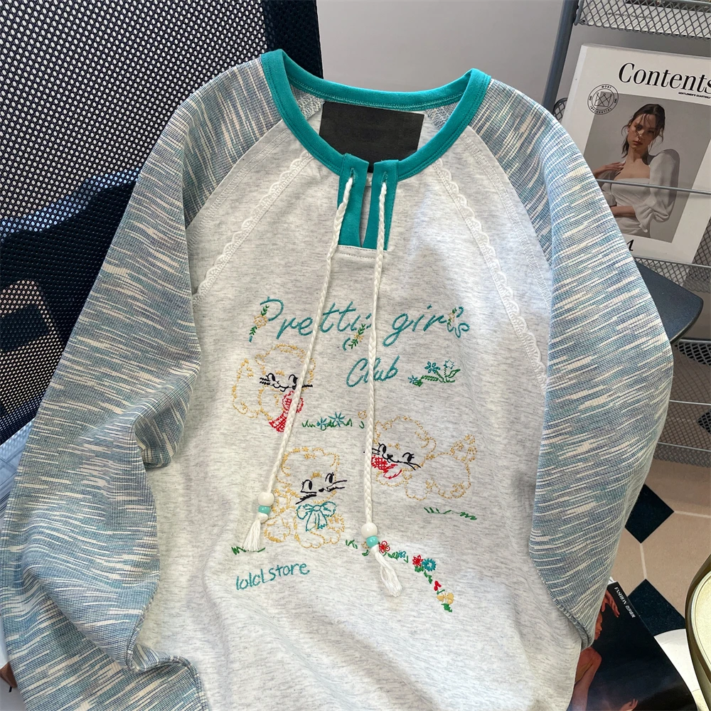 T-shirt patchwork con ricamo cartoon stile europeo americano donna primavera autunno o-collo manica lunga camicia allentata casual top