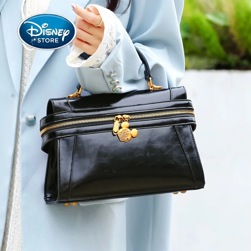 Disney Pure Black British Retro Style Women Handbag Fashion Shoulder Bag Commuting Temperament PU Bag With Mickey Pendant