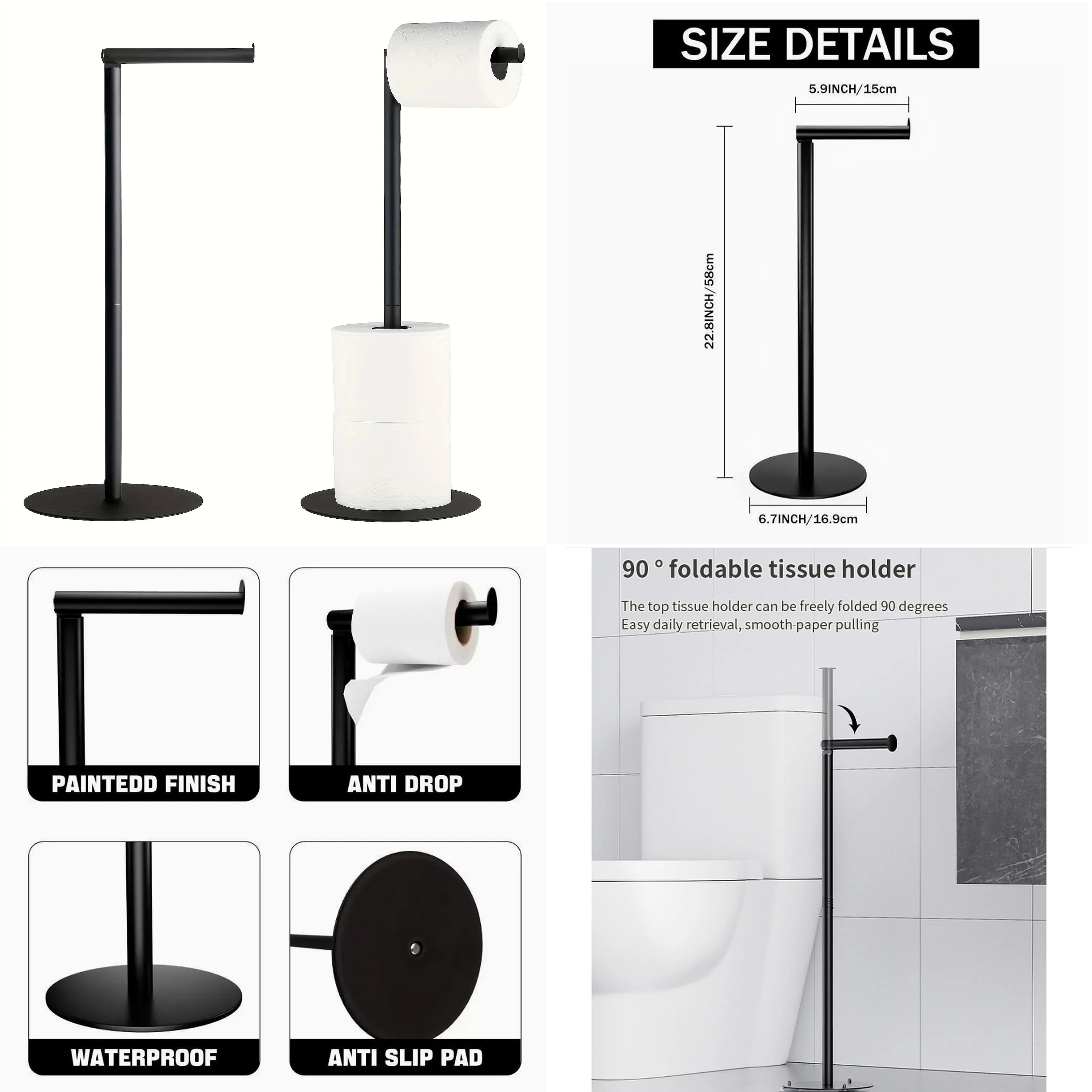 Free Standing Toilet Paper Holder, Stainless Steel, No Drilling, Weighted Stable Base for Bathroom, RV, etc.